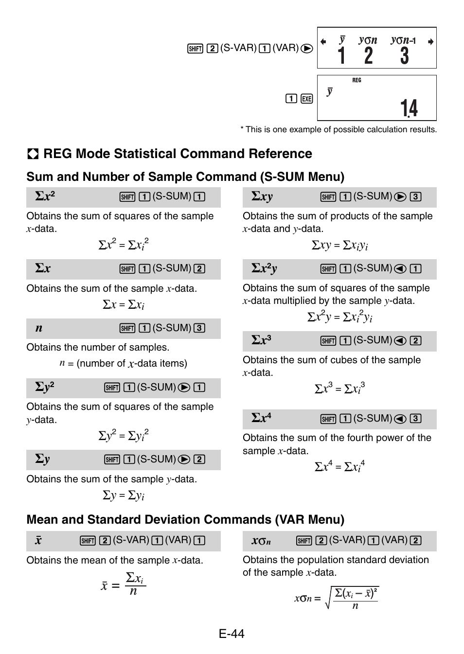 N= o σ, A reg mode statistical command reference, Ƙ xy | Σ xy | Casio fx-50F PLUS User Manual | Page 45 / 80