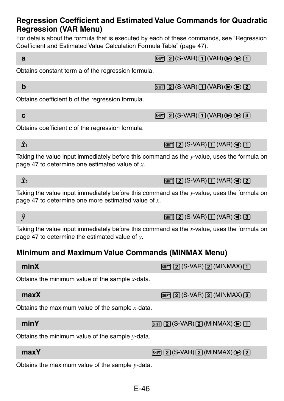 Minimum and maximum value commands (minmax menu) | Casio fx-50F PLUS User Manual | Page 47 / 80
