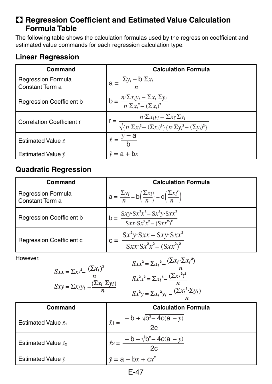E-47, Linear regression, Quadratic regression | Casio fx-50F PLUS User Manual | Page 48 / 80