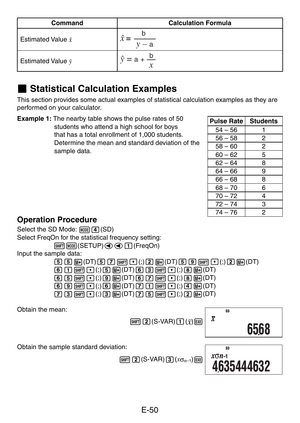 Statistical calculation examples, Xσ n | Casio fx-50F PLUS User Manual | Page 51 / 80