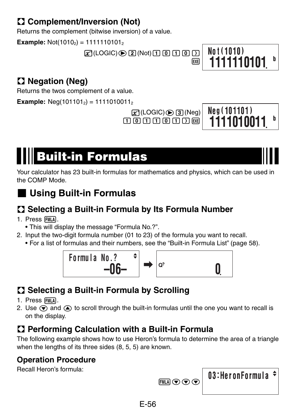 Built-in formulas, Fo rmu l a no, No t | 03 :he r onfo rmu l a, Using built-in formulas | Casio fx-50F PLUS User Manual | Page 57 / 80