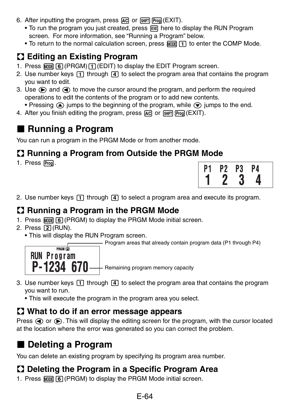 P1 p2 p3 p4, Run p r o, R am | K running a program, K deleting a program | Casio fx-50F PLUS User Manual | Page 65 / 80