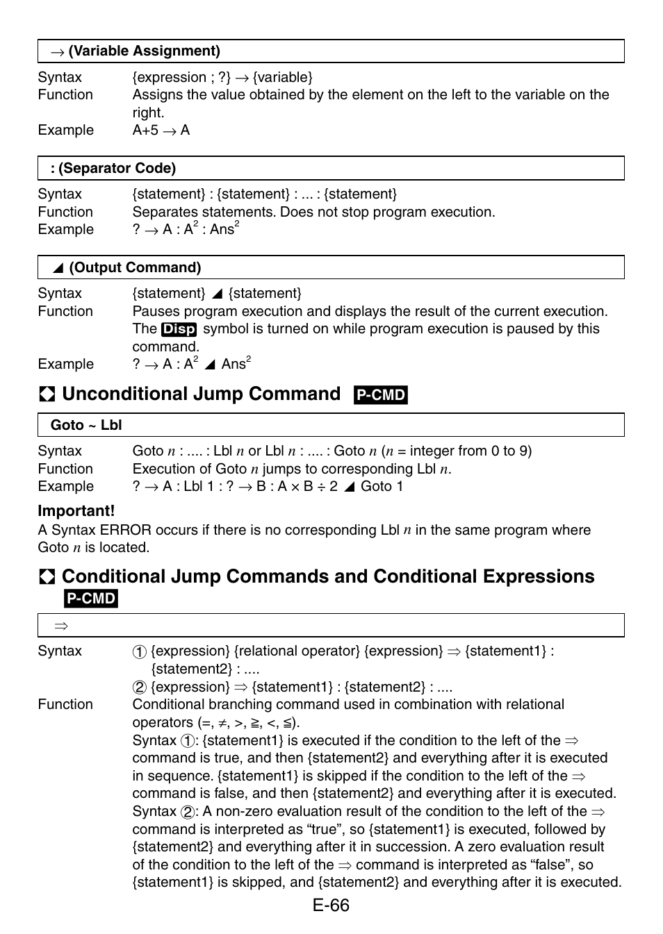A unconditional jump command g, E-66 | Casio fx-50F PLUS User Manual | Page 67 / 80