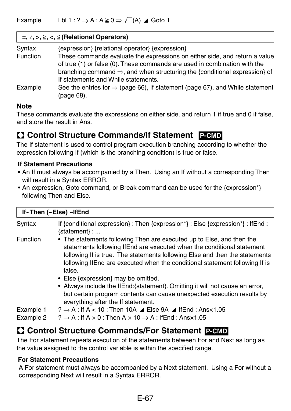 A control structure commands/if statement g, A control structure commands/for statement g, E-67 | Casio fx-50F PLUS User Manual | Page 68 / 80