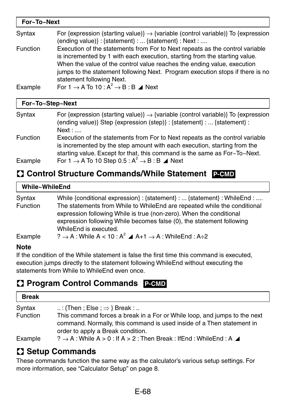 A control structure commands/while statement g, A program control commands g, A setup commands | E-68 | Casio fx-50F PLUS User Manual | Page 69 / 80