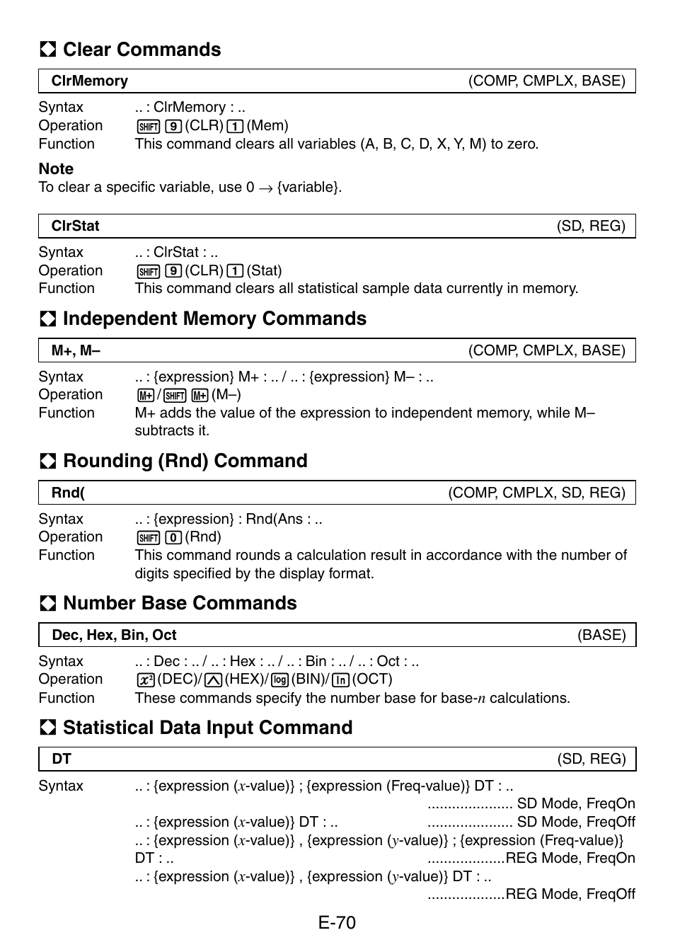 A clear commands, A rounding (rnd) command, A number base commands | A statistical data input command, E-70 | Casio fx-50F PLUS User Manual | Page 71 / 80
