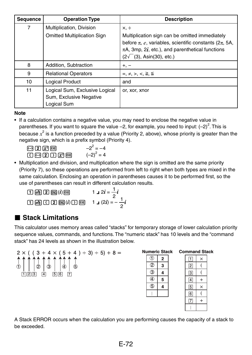 E-72, K stack limitations | Casio fx-50F PLUS User Manual | Page 73 / 80