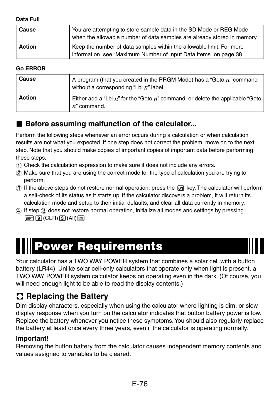 Power requirements, A replacing the battery, E-76 | K before assuming malfunction of the calculator | Casio fx-50F PLUS User Manual | Page 77 / 80