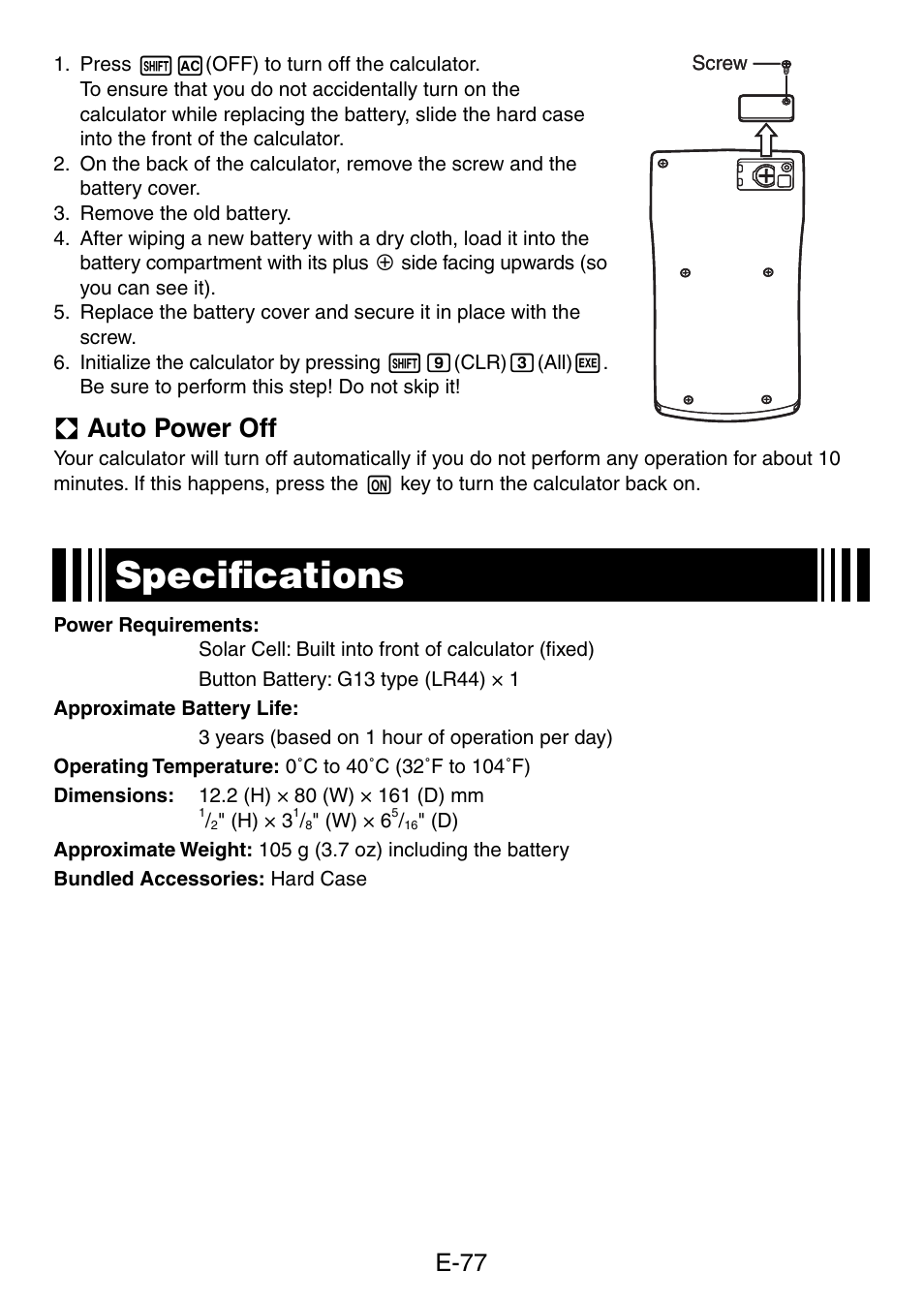 Speciﬁ cations, A auto power off, E-77 | Casio fx-50F PLUS User Manual | Page 78 / 80