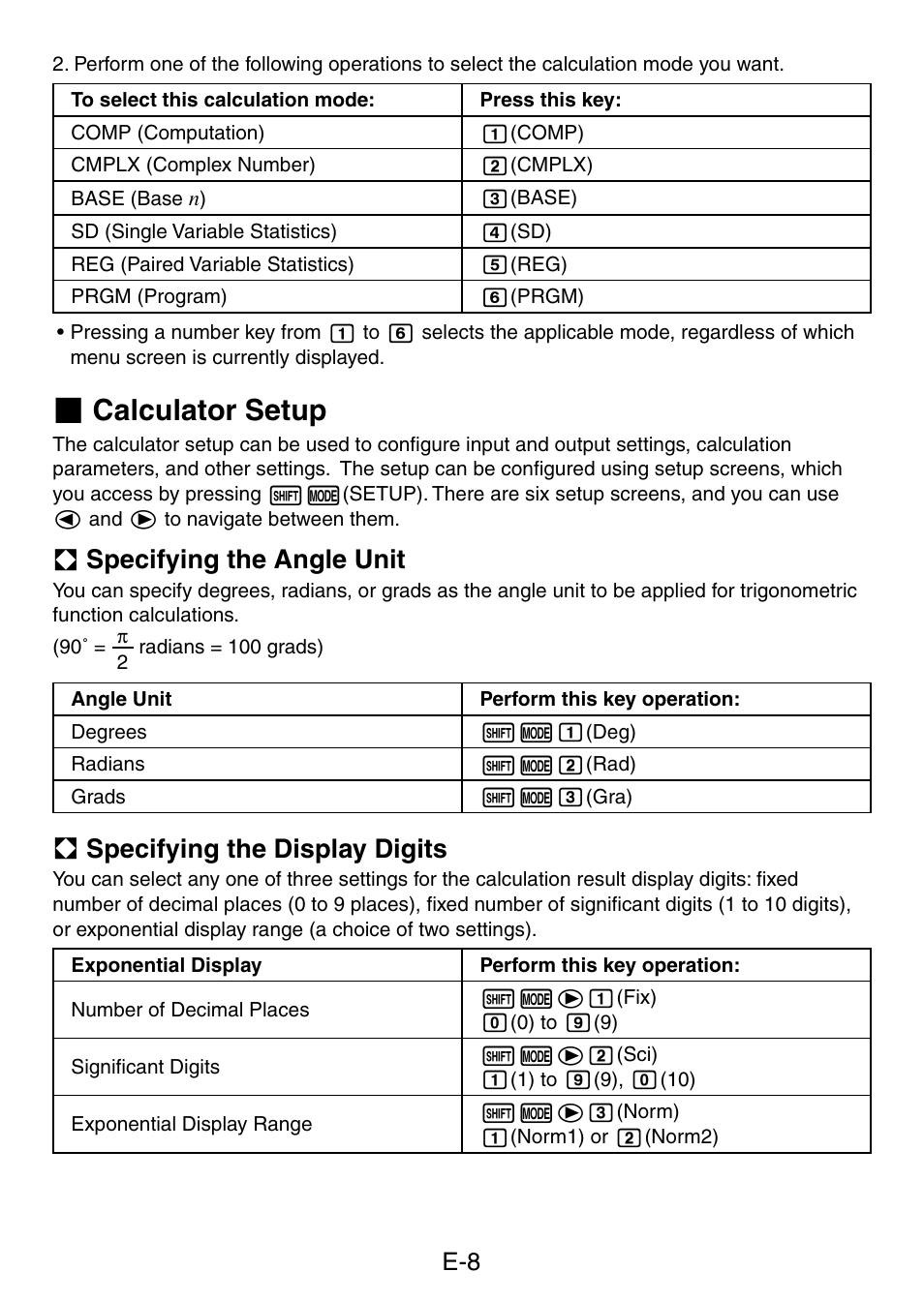 Calculator setup, A specifying the angle unit, A specifying the display digits | Casio fx-50F PLUS User Manual | Page 9 / 80