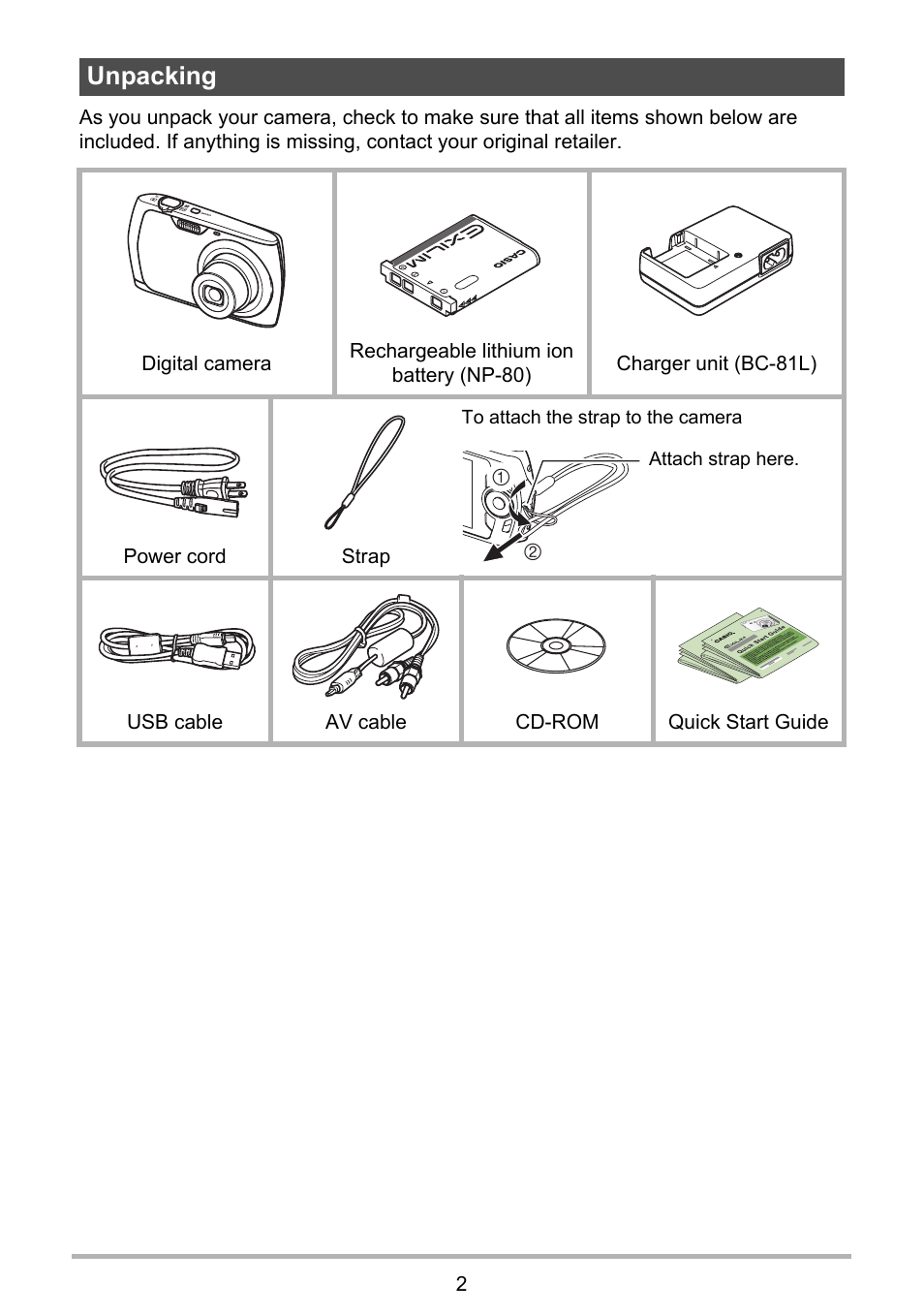 Unpacking | Casio Exilim EX-S8 User Manual | Page 2 / 143