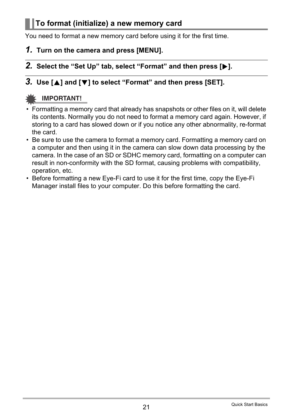 To format (initialize) a new memory card | Casio Exilim EX-S8 User Manual | Page 21 / 143