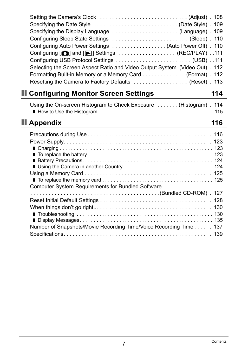 Configuring monitor screen settings 114, Appendix 116 | Casio Exilim EX-S8 User Manual | Page 7 / 143