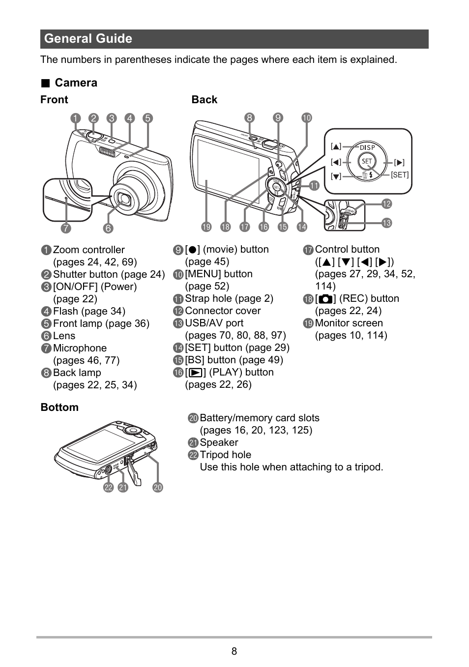 General guide, Cl cm ck | Casio Exilim EX-S8 User Manual | Page 8 / 143