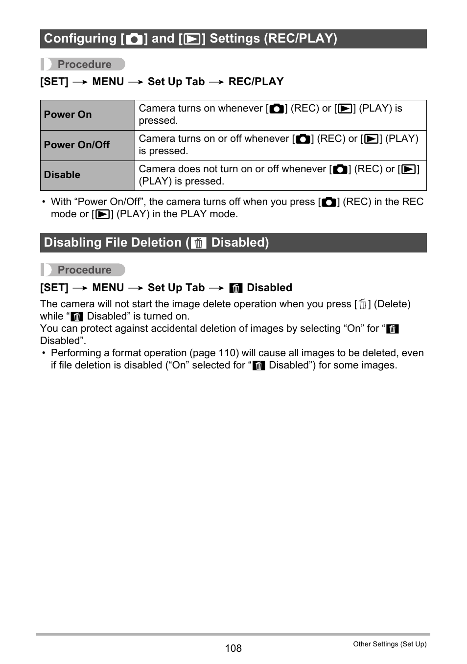 Configuring [_] and [>] settings (rec/play), Disabling file deletion (_ disabled), Configuring [ r ] and [ p ] settings (rec/play) | Disabling file deletion ( ü disabled) | Casio EXILIM EX-Z28 User Manual | Page 108 / 137
