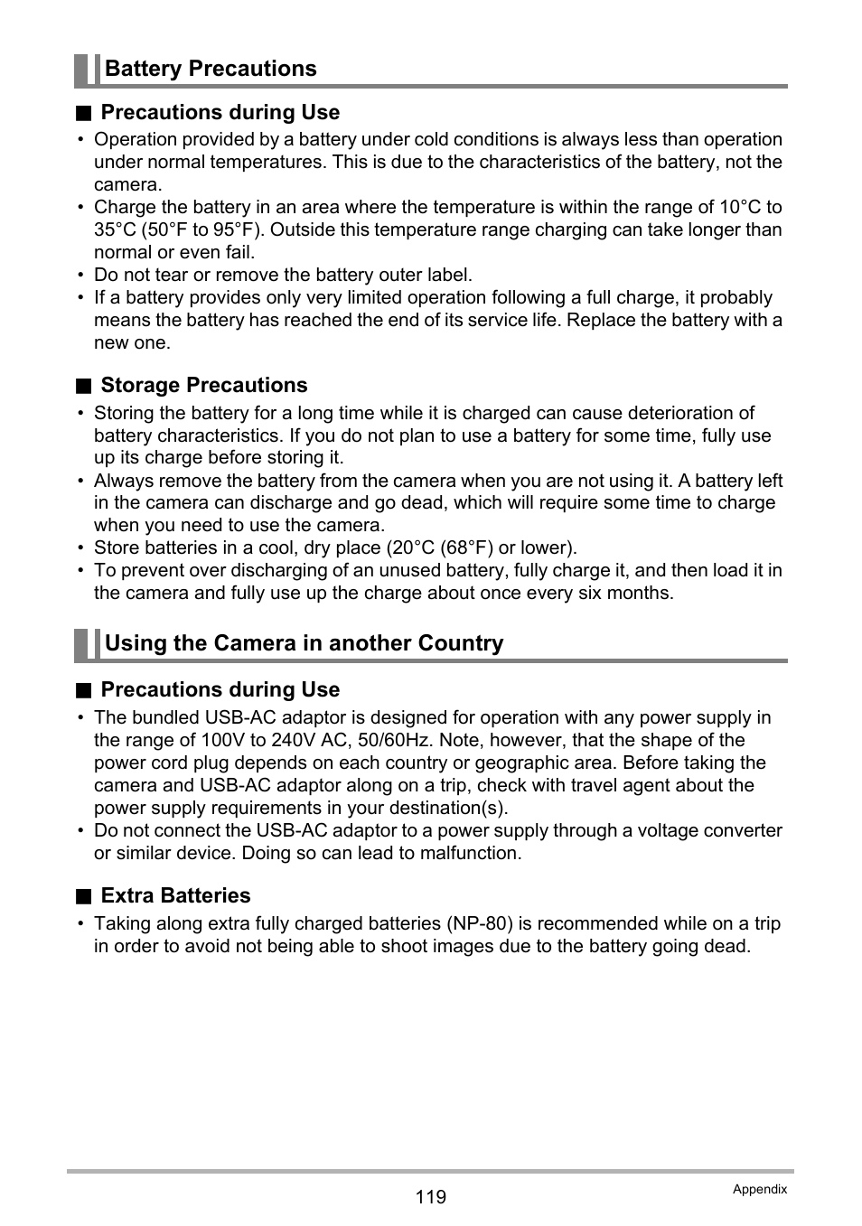 Battery precautions, Using the camera in another country | Casio EXILIM EX-Z28 User Manual | Page 119 / 137