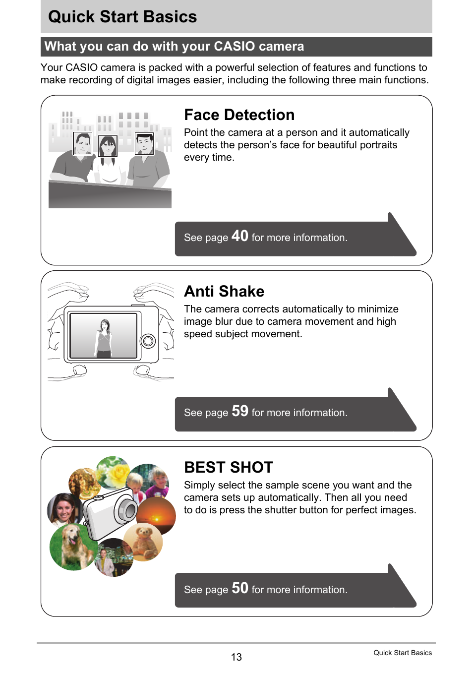 Quick start basics, What you can do with your casio camera, Best shot | Anti shake, Face detection | Casio EXILIM EX-Z28 User Manual | Page 13 / 137