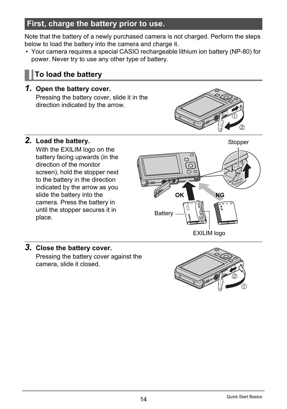 First, charge the battery prior to use, To load the battery | Casio EXILIM EX-Z28 User Manual | Page 14 / 137