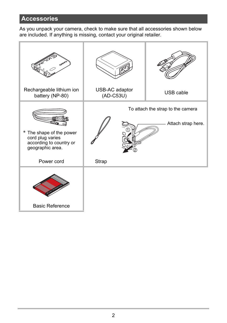 Accessories | Casio EXILIM EX-Z28 User Manual | Page 2 / 137