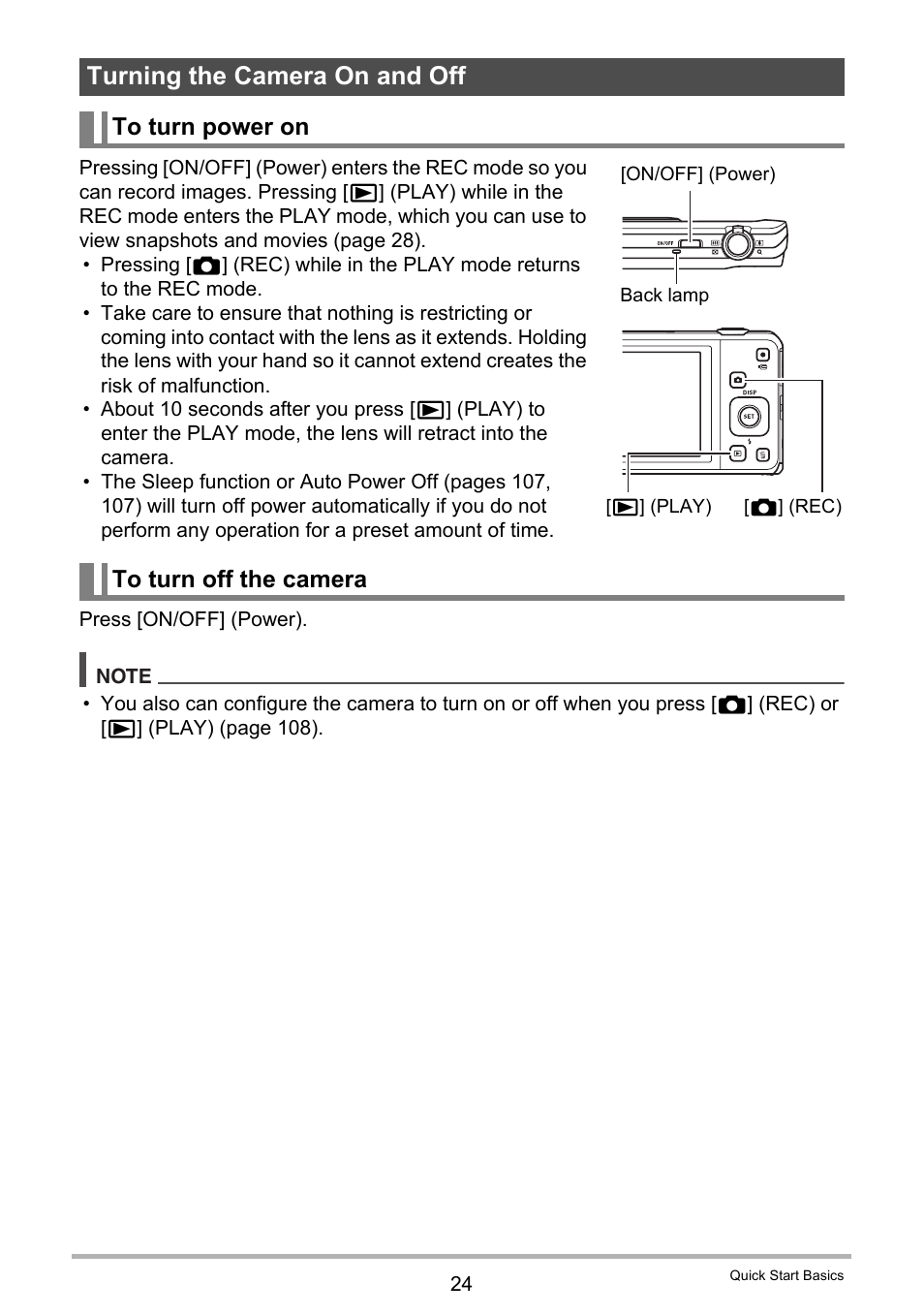 Turning the camera on and off, To turn power on, To turn off the camera | Casio EXILIM EX-Z28 User Manual | Page 24 / 137