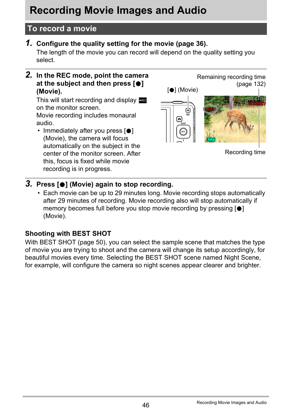 Recording movie images and audio, To record a movie | Casio EXILIM EX-Z28 User Manual | Page 46 / 137