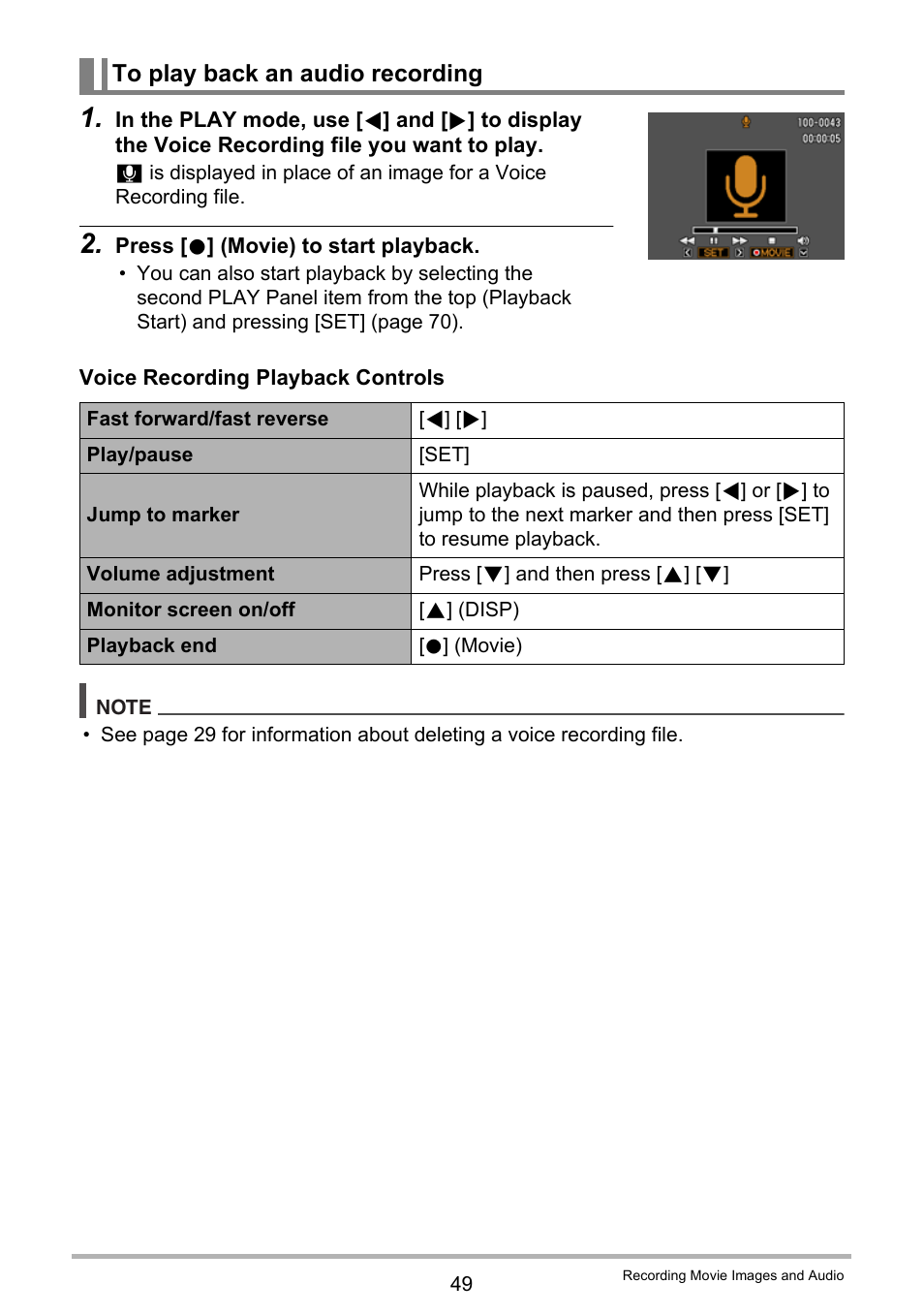 To play back an audio recording | Casio EXILIM EX-Z28 User Manual | Page 49 / 137