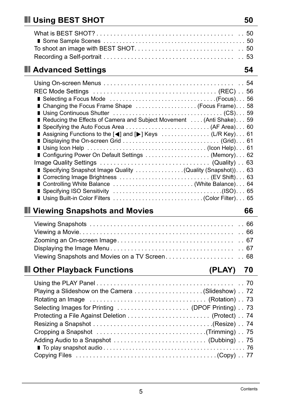 Using best shot 50, Advanced settings 54, Viewing snapshots and movies 66 | Other playback functions (play) 70 | Casio EXILIM EX-Z28 User Manual | Page 5 / 137