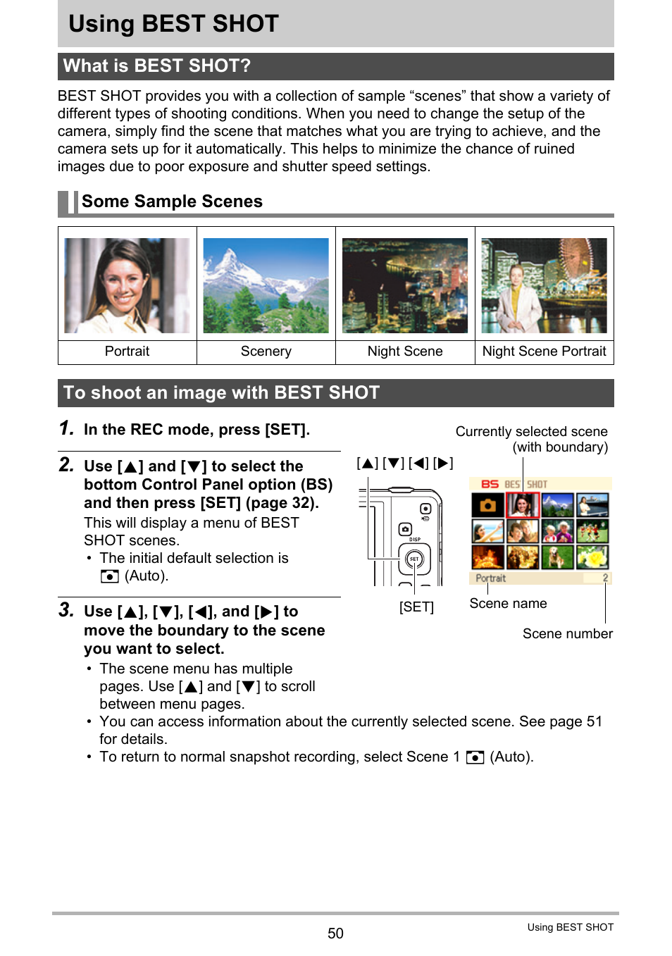 Using best shot, What is best shot, Some sample scenes | To shoot an image with best shot | Casio EXILIM EX-Z28 User Manual | Page 50 / 137