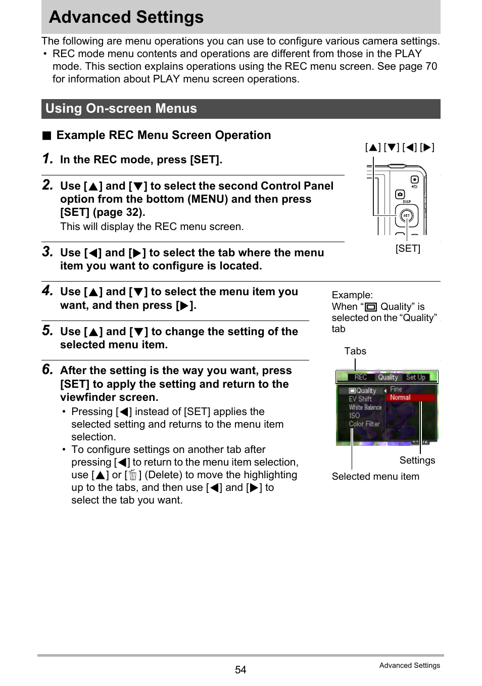 Advanced settings, Using on-screen menus | Casio EXILIM EX-Z28 User Manual | Page 54 / 137
