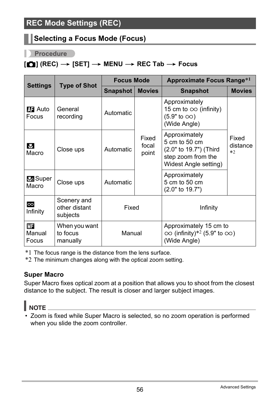 Rec mode settings (rec), Selecting a focus mode (focus) | Casio EXILIM EX-Z28 User Manual | Page 56 / 137
