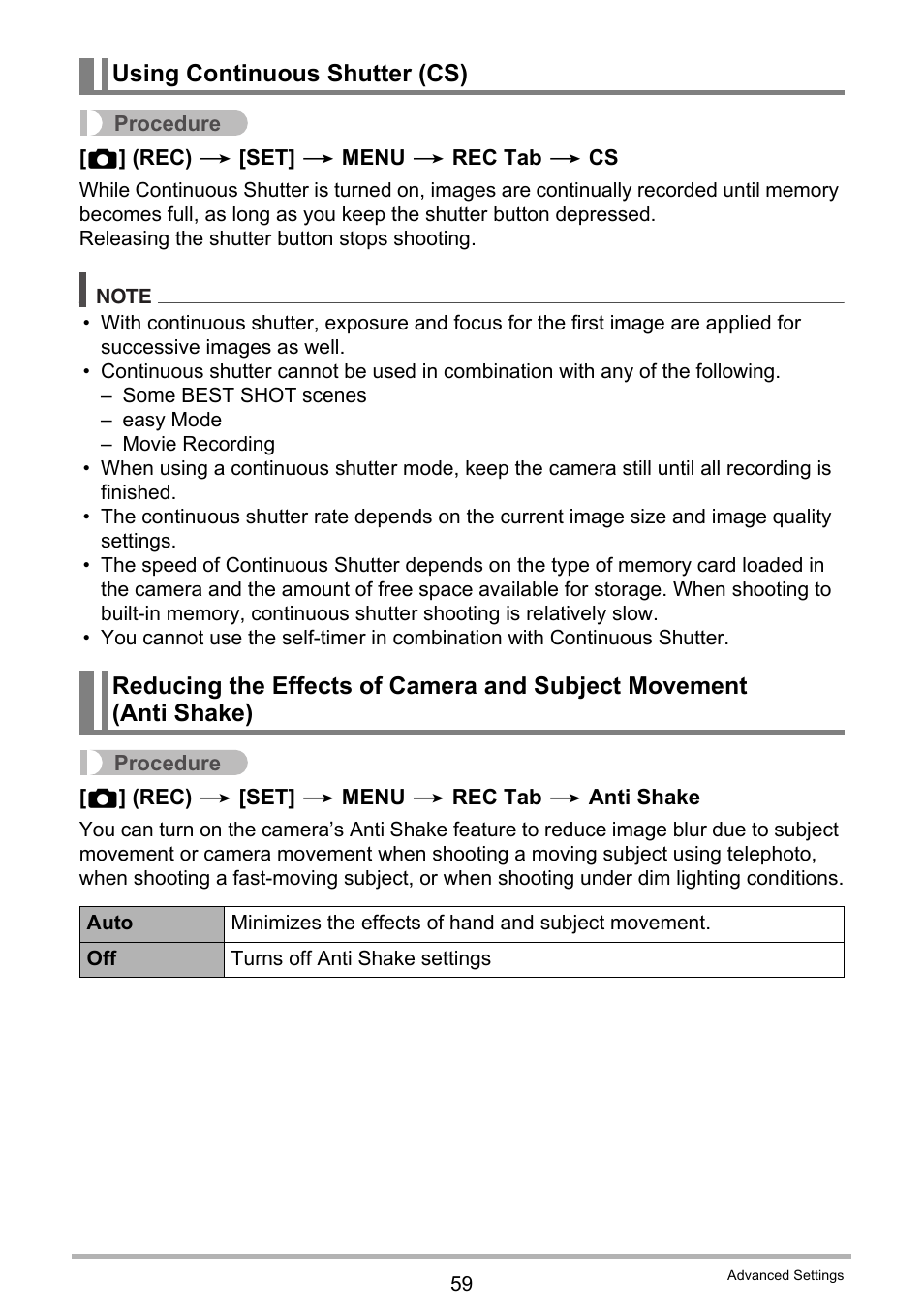Using continuous shutter (cs) | Casio EXILIM EX-Z28 User Manual | Page 59 / 137