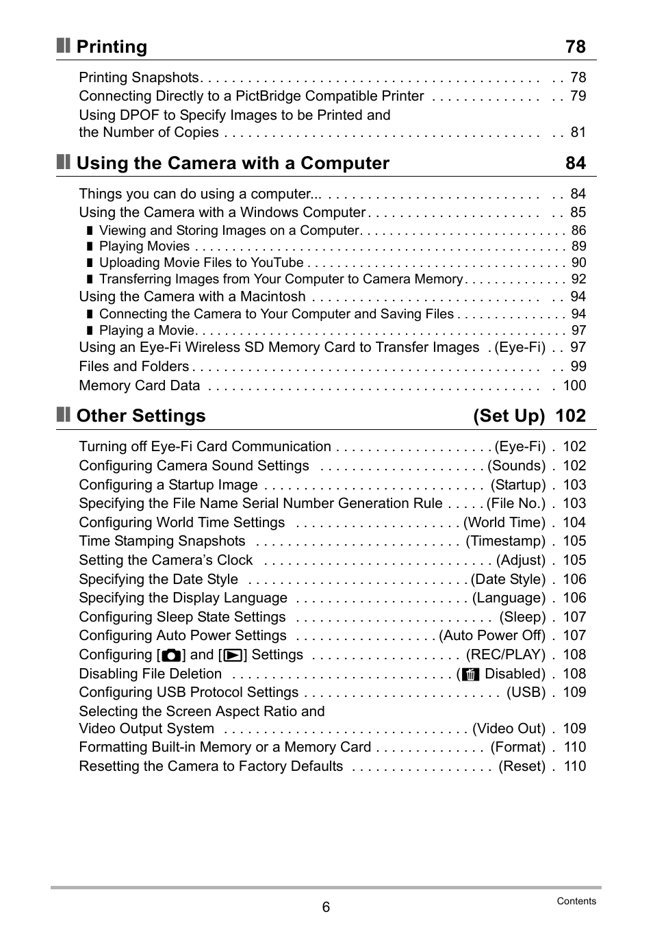 Printing 78, Using the camera with a computer 84, Other settings (set up) 102 | Casio EXILIM EX-Z28 User Manual | Page 6 / 137