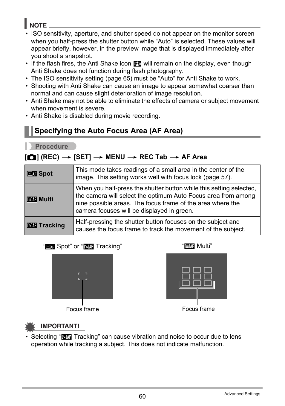 Specifying the auto focus area (af area) | Casio EXILIM EX-Z28 User Manual | Page 60 / 137