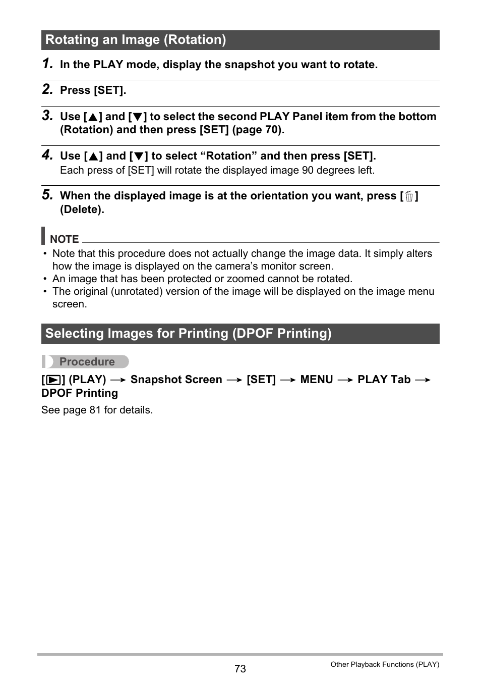 Rotating an image (rotation), Selecting images for printing (dpof printing) | Casio EXILIM EX-Z28 User Manual | Page 73 / 137