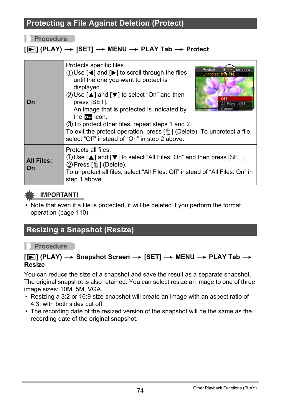 Protecting a file against deletion (protect), Resizing a snapshot (resize) | Casio EXILIM EX-Z28 User Manual | Page 74 / 137