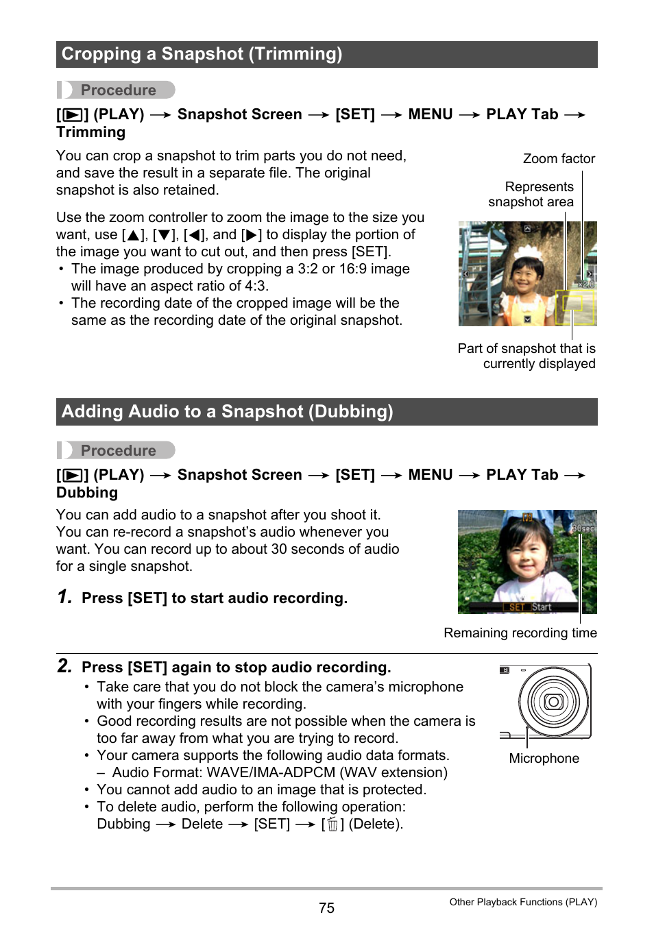Cropping a snapshot (trimming), Adding audio to a snapshot (dubbing) | Casio EXILIM EX-Z28 User Manual | Page 75 / 137