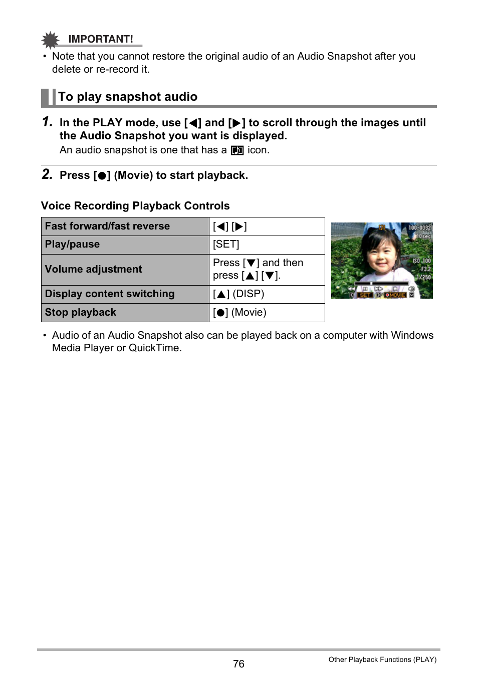 To play snapshot audio | Casio EXILIM EX-Z28 User Manual | Page 76 / 137