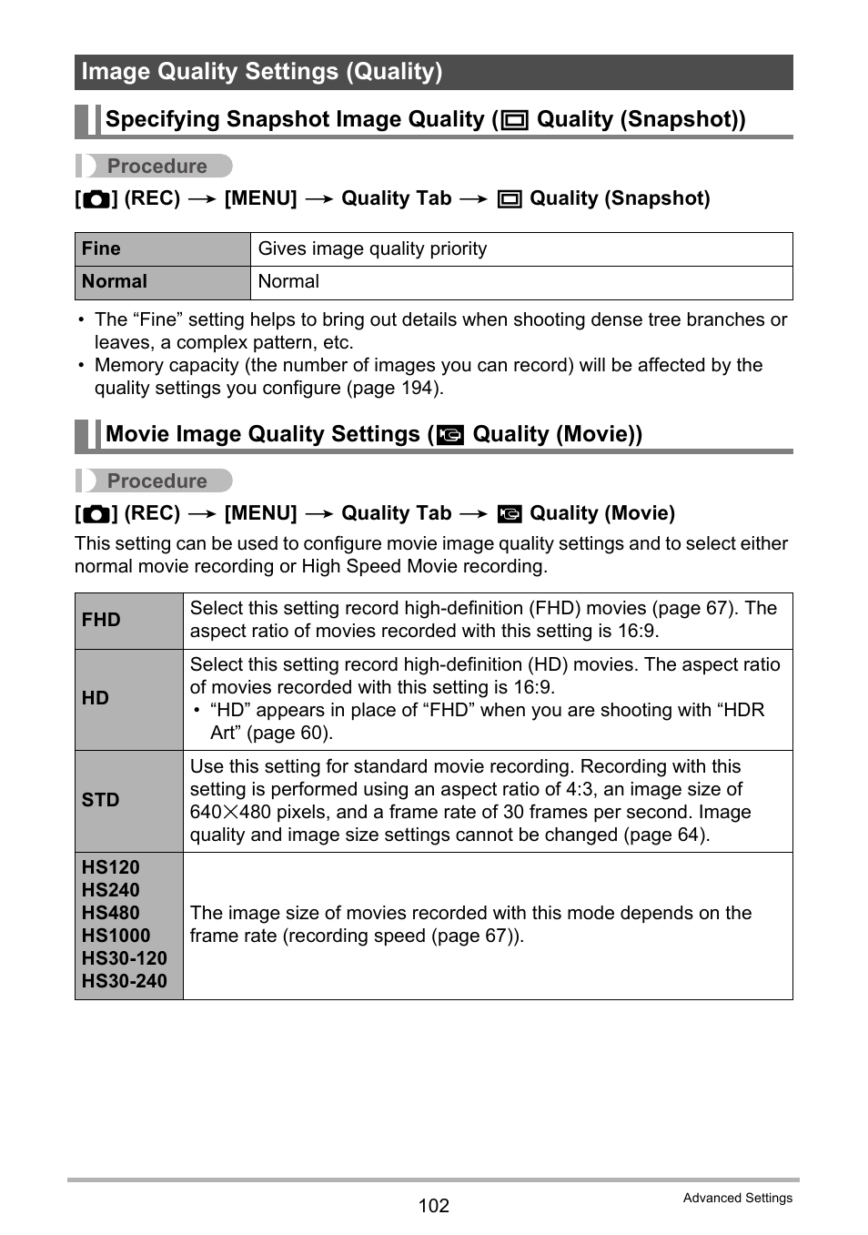 Image quality settings (quality), Movie image quality settings (_ quality (movie)), Movie image quality settings ( » quality (movie)) | Casio EX-ZR200  EN User Manual | Page 102 / 201