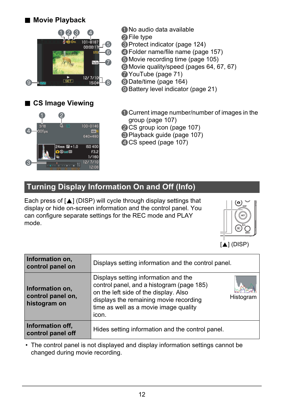 Turning display information on and off (info) | Casio EX-ZR200  EN User Manual | Page 12 / 201