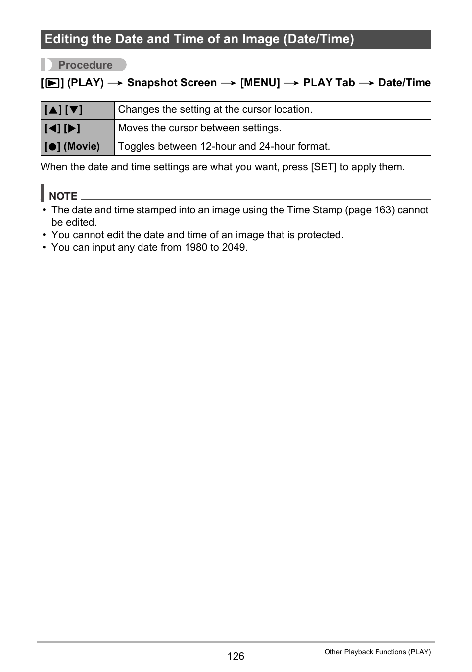 Editing the date and time of an image (date/time) | Casio EX-ZR200  EN User Manual | Page 126 / 201
