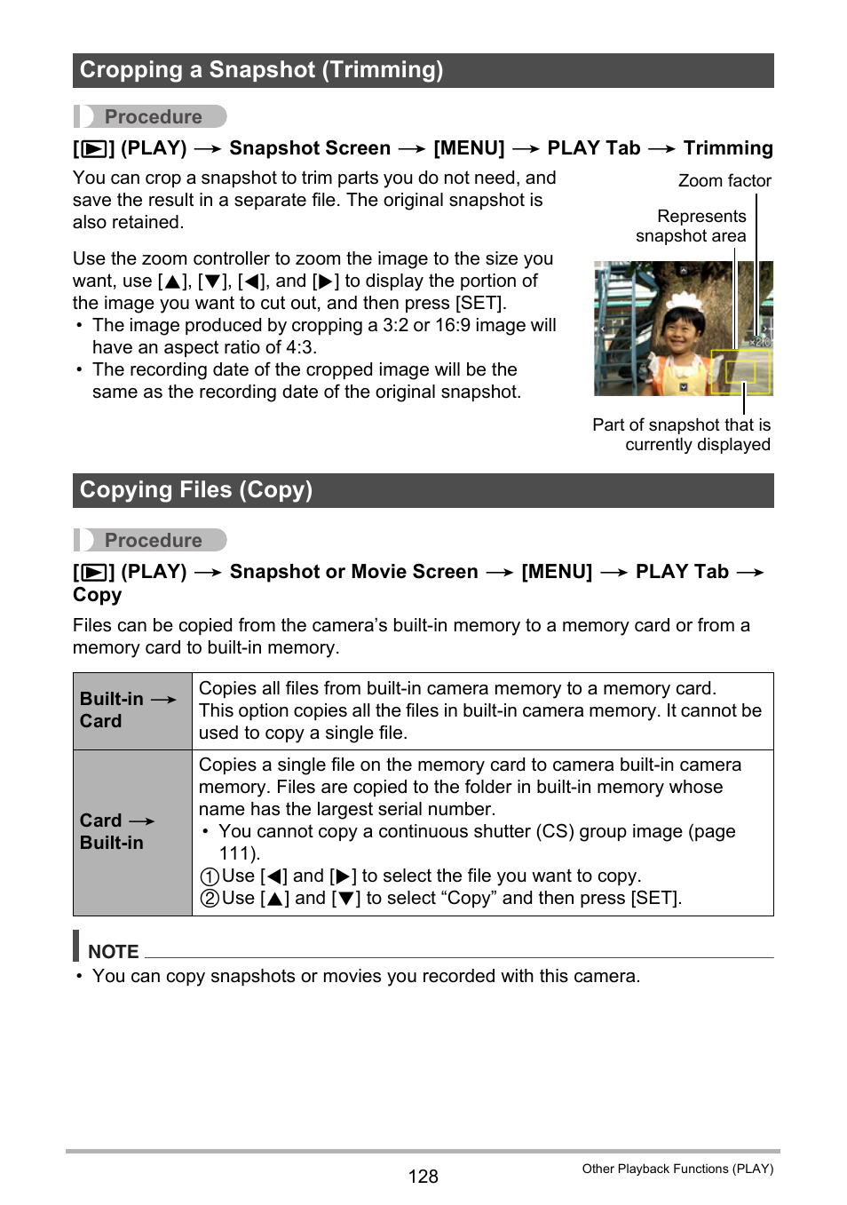 Cropping a snapshot (trimming), Copying files (copy) | Casio EX-ZR200  EN User Manual | Page 128 / 201