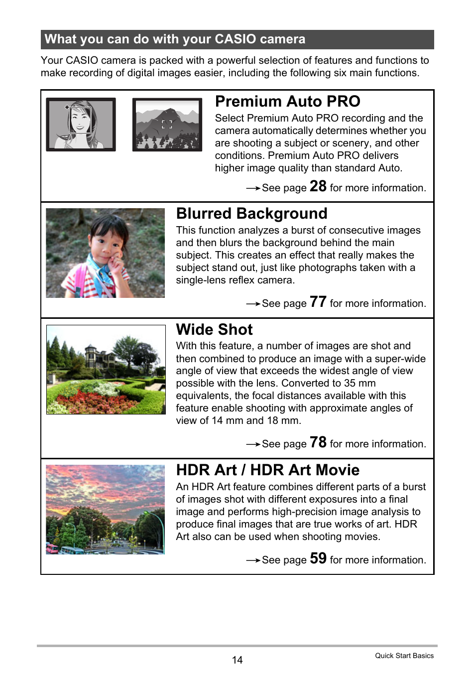 What you can do with your casio camera, Premium auto pro, Blurred background | Wide shot, Hdr art / hdr art movie | Casio EX-ZR200  EN User Manual | Page 14 / 201