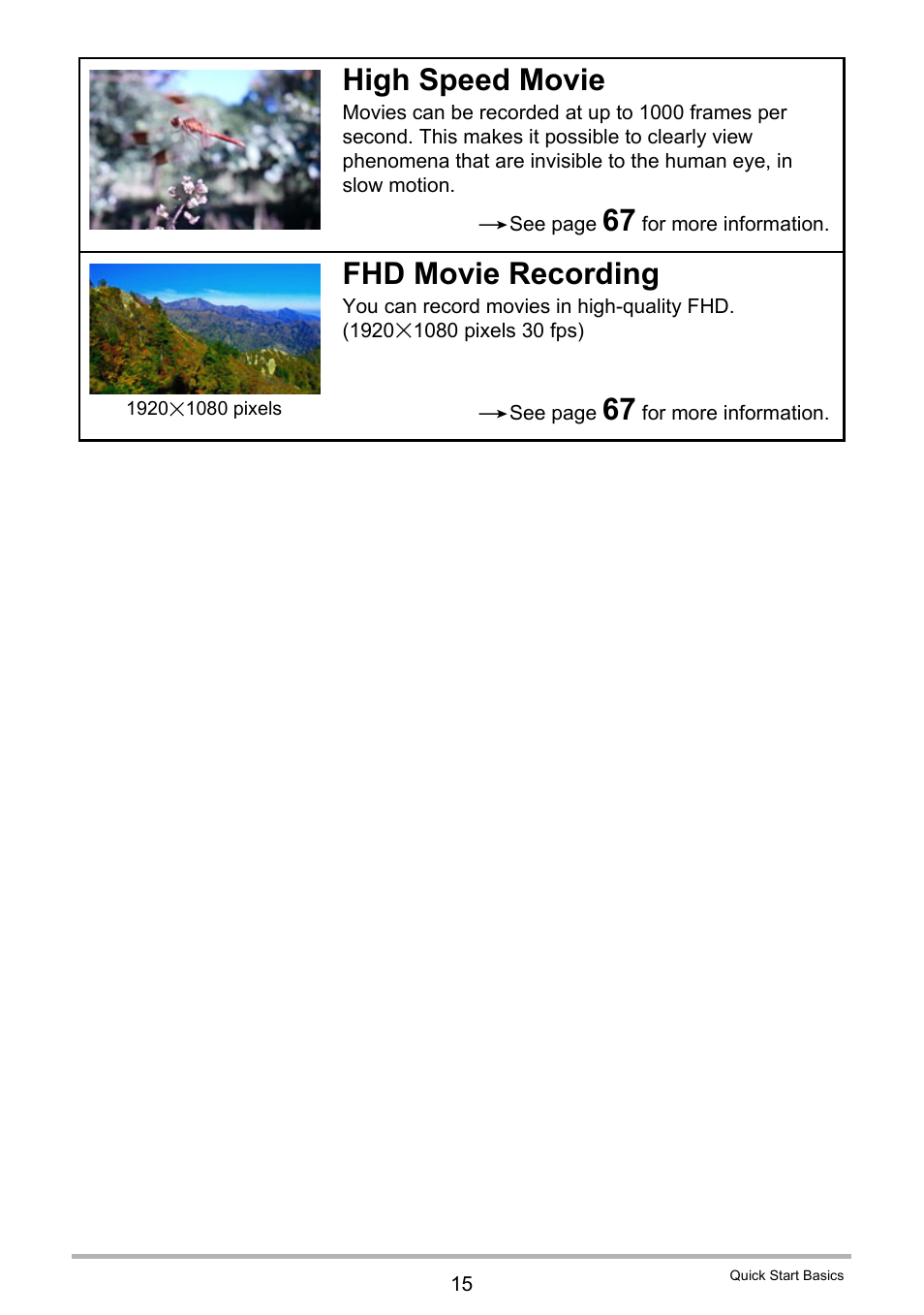 High speed movie, Fhd movie recording | Casio EX-ZR200  EN User Manual | Page 15 / 201