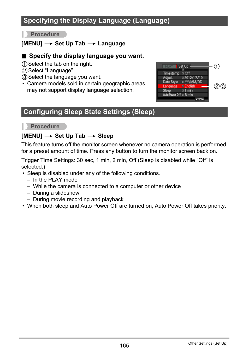 Specifying the display language (language), Configuring sleep state settings (sleep), E 165). n | Casio EX-ZR200  EN User Manual | Page 165 / 201