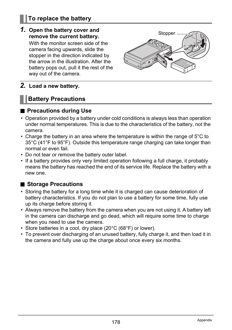 To replace the battery, Battery precautions | Casio EX-ZR200  EN User Manual | Page 178 / 201