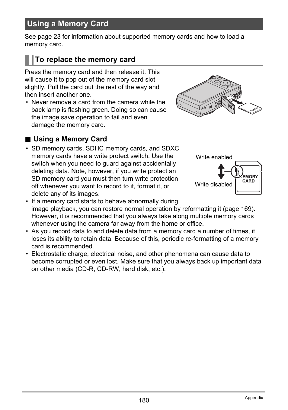 Using a memory card, To replace the memory card | Casio EX-ZR200  EN User Manual | Page 180 / 201