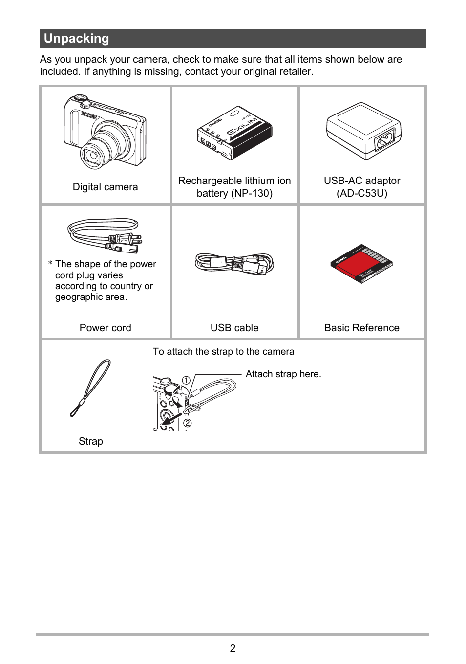Unpacking | Casio EX-ZR200  EN User Manual | Page 2 / 201