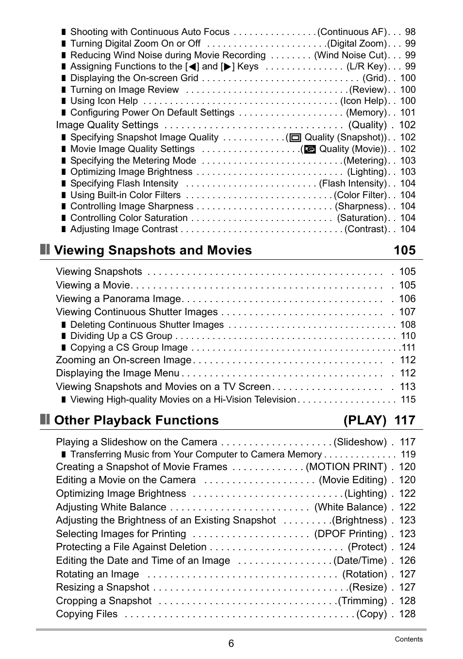 Viewing snapshots and movies 105, Other playback functions (play) 117 | Casio EX-ZR200  EN User Manual | Page 6 / 201