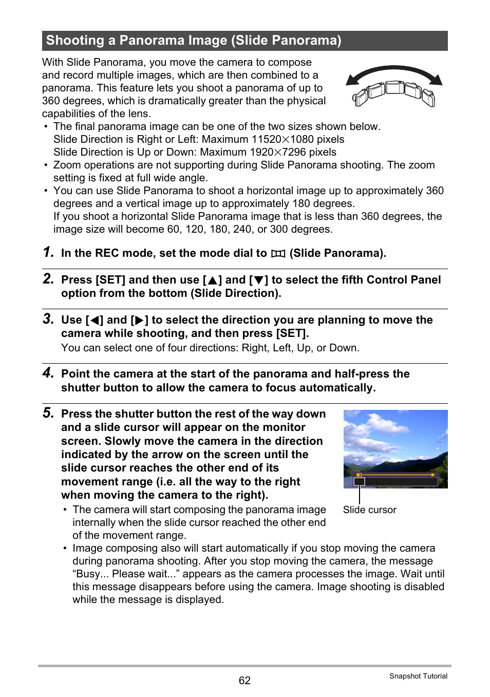 Shooting a panorama image (slide panorama) | Casio EX-ZR200  EN User Manual | Page 62 / 201