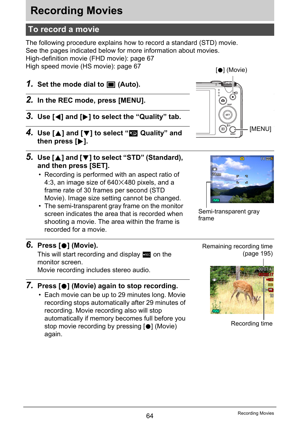 Recording movies, To record a movie | Casio EX-ZR200  EN User Manual | Page 64 / 201